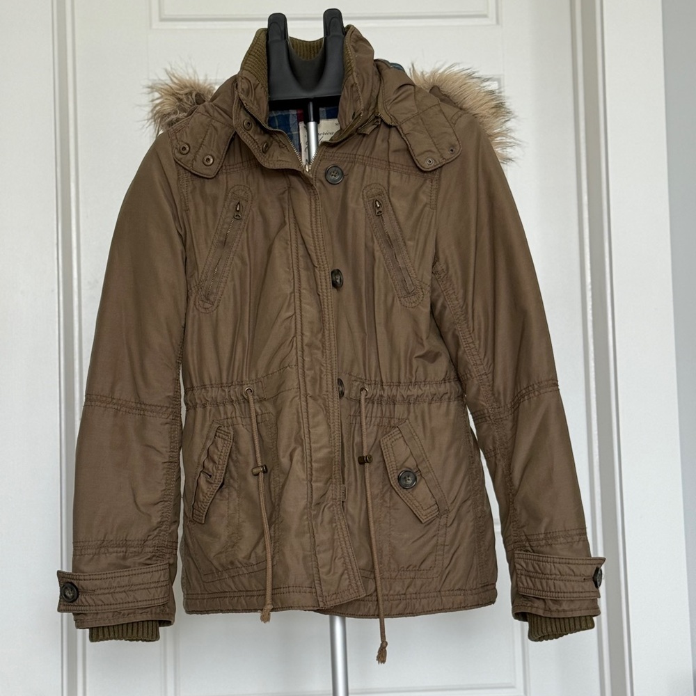 American Eagle Outfitters Tan Jacket with Plaid Lining